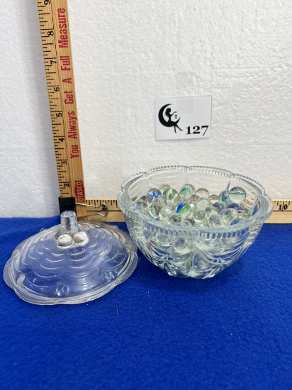 Marbles in Vtg Glass Candy Dish