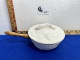 Vtg White Grapes & Leaves Soup/Chili Crock w/ lid and Wooden Handle