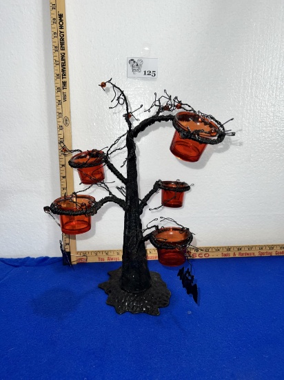 16" Halloween Spooky Bat Tree Tealight Candle Holder Black Metal & Orange Glass