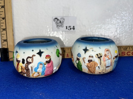 PAIR OF CERAMIC CHRISTMAS NATIVITY TEA LIGHT CANDLE HOLDERS