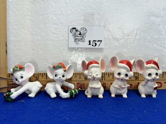 Vtg Lefton Japan Ceramic Christmas Mice Figurines (right) & Vtg Vintage Porcelain Mice Christmas Can