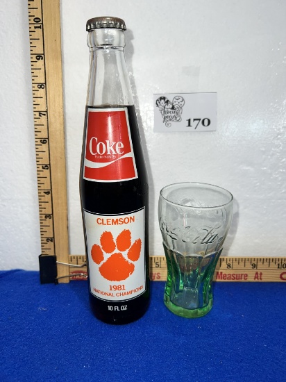 Vtg 81 CLEMSON TIGERS NATIONAL CHAMPIONS COCA COLA BOTTLE & Glass