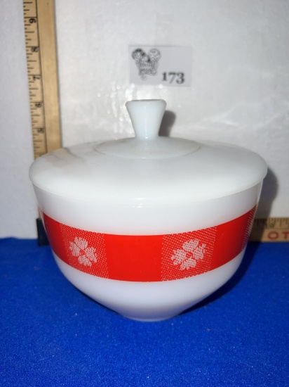Vintage Federal Glass Bowl w/ Lid Red Tablecloth Pattern