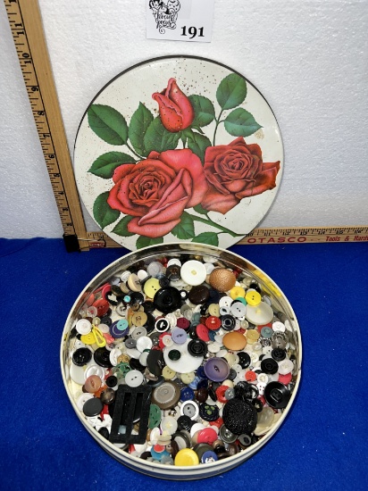 Button Lot w/ Rose Tin Canister