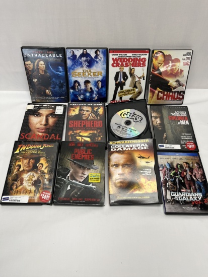 (12) DVDs/Untraceable, Scandal, Chaos, Wedding Crashers, Grease, Indiana Jones, ETC