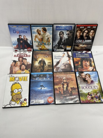 (12) DVDs/Duplex, I Am Legend, Miami Vice, Rambo III, The Big Blue, Resident Evil, ETC