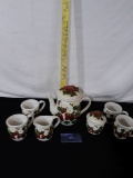 Vintage Ceramic Strawberry Design Coffee pot with 4 cups, sugar and creamer, no chips