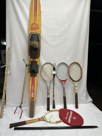 Box Lot/Vintage Water Ski, Vintage Tennis Rackets, ETC (Local Pick Up Only)