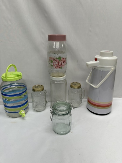 Box Lot/Beverage Dispensers, Golden Harvent Glasses, Cannisters, ETC