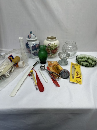 Box Lot/Green Relish Dish, Thermometers, Urn, Candy Jar, ETC