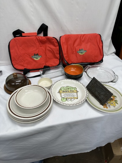 Box Lot/Insulated Caserole Carriers, Cast Iron Bacon Press, ETC