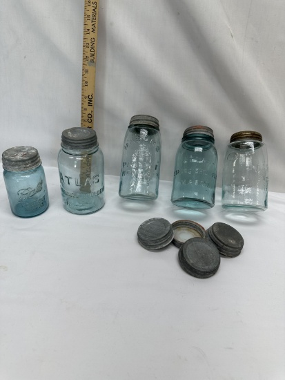 Box Lot/Blue Color Ball and Atlas Vintage Jars with Lead Lids