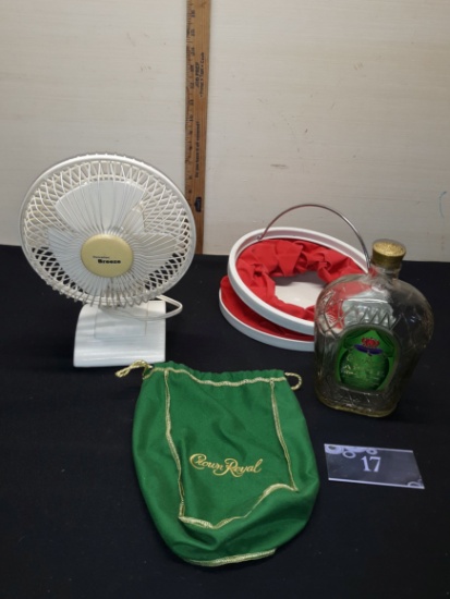 Misc Lot, Crown Royal bottle and bag, fan, collapsible bucket