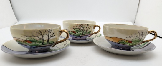 3 Sets of Hand Painted Japanese Tea Cups and Saucers