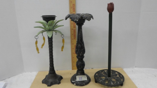 cast iron items, rose paper towel holder, palm tree and floral candle holder