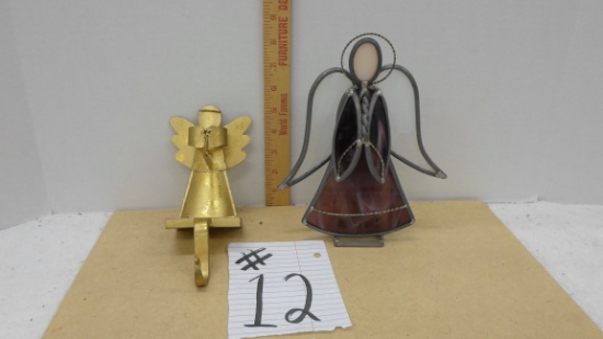 angels, stainglass figure and brass stocking hook