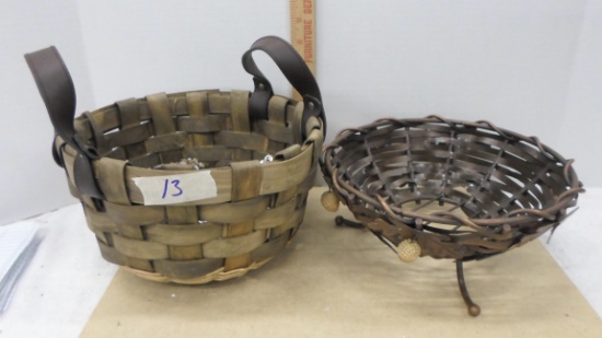 home decor, pinecones in wooden basket and a metal basket with acorns and leaf pattern