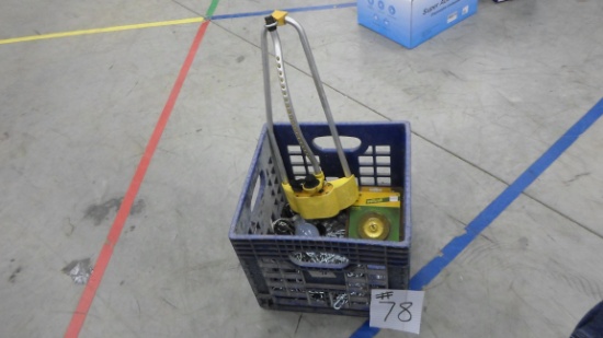 shop lot, sprinkler, chains, wire brush, drill attachments and shop light