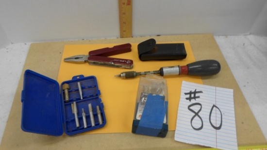 tool lot, various pieces includes drill bits, specilized tool and pocket multi tool