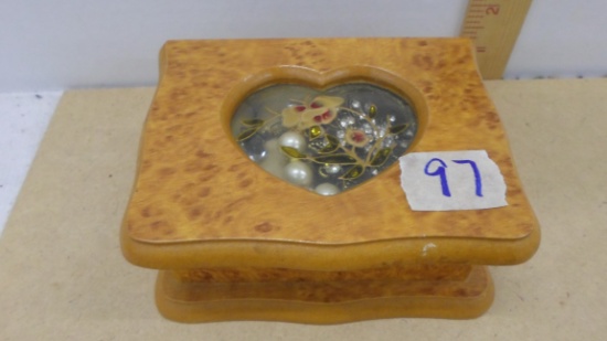 jewelry box, wooden box with glass heart top with content of fashion jewelry