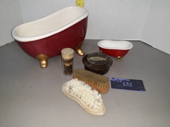 Ceramic Bathtubs, brushes, soap, shaving brush