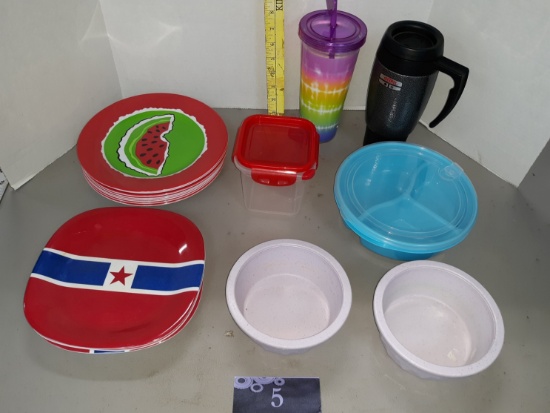 Misc. Lot, Plastic plates, containers, cups, Dog Bowls