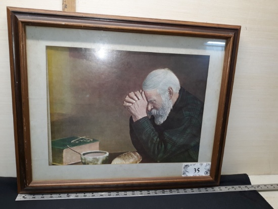 Vtg Grace Old Man Praying Picture Wood Framed