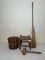 Box Lot/Vintage Woven Milking Stool, Wooden Mallet, Bucket, Broom, ETC