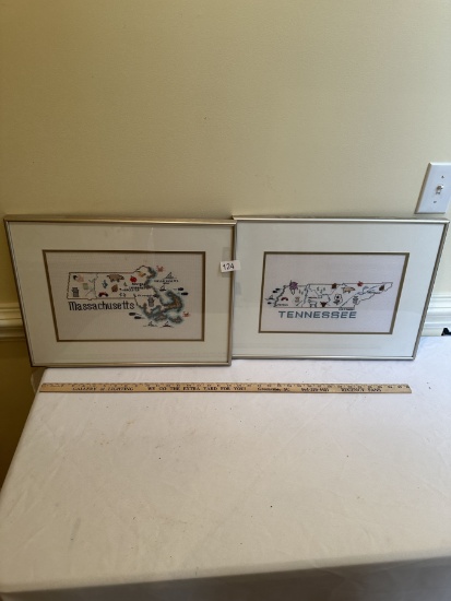 (2) Framed Crosstitch Art Pieces/Tennessee, Massachusetts