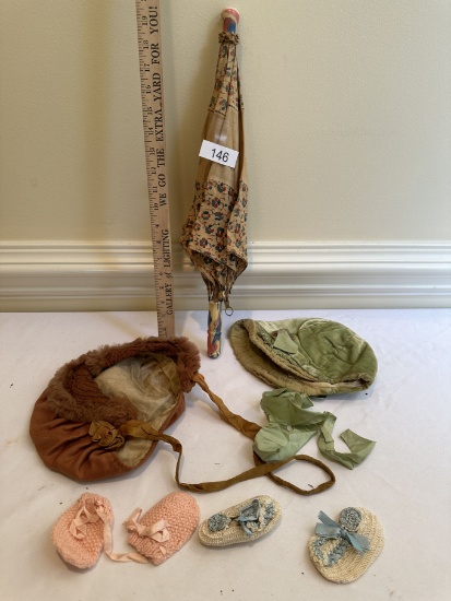 Box Lot/Vintage Kids Umbrella, Baby Booties, Kids Hats (Some Seem Hand Made)
