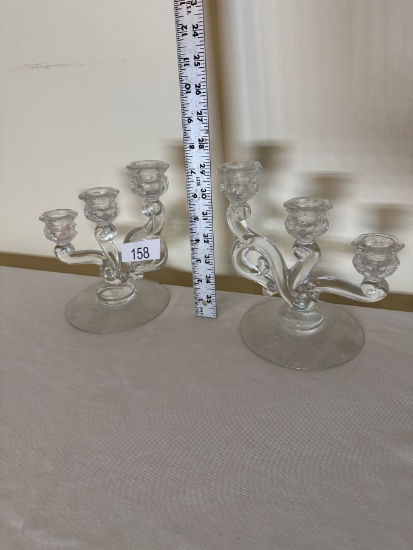 (2) Vintage Glass Candle Holders with Etching