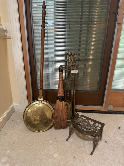 Box Lot/Vintage Items, Bed Warmer, Fireplace Tools, ETC