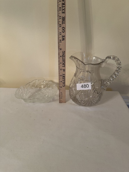 Vintage Heavy Cut Glass Pitcher, Leaf Pattern Serving Dish