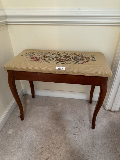 Vintage Cherry Wood Needlepoint Seat Storage Bench (Local Pick Up Only)