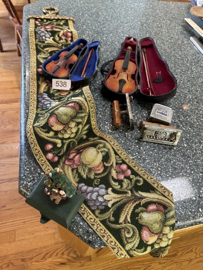 Box Lot/Mini Violins, Cast Iron Piece, Vintage Bonny Jar Openers, ETC