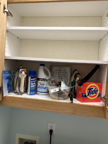 Box Lot/Cabinet Full of Cleaning Supplies, Irons, ETC