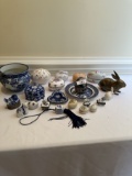 Box Lot/Décor Eggs, Blue Pattern Items, Brass Rabbit, ETC