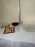 Box Lot/Napkin Rings, Colored Glass Serving Dishes, ETC