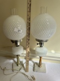 Pair of Vintage Hobnail Milk Glass Globe with Marble Base Parlor Table Lamps