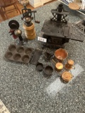 Box Lot/Cast Iron Pieces, Grinder, Muffin Pan, Copper, ETC