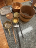 Box Lot/Long Ladels, Wooden Buckets, Pewter Décor Plate, ETC
