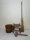 Box Lot/Vintage Woven Milking Stool, Wooden Mallet, Bucket, Broom, ETC