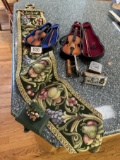 Box Lot/Mini Violins, Cast Iron Piece, Vintage Bonny Jar Openers, ETC