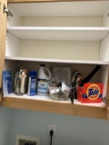 Box Lot/Cabinet Full of Cleaning Supplies, Irons, ETC