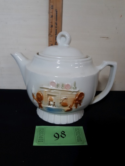 Vintage Ceramic Teapot with Embossed Colonial Scene