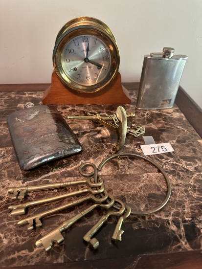 Box Lot/Vintage Flask, Ships Bell Mantle Clock, Keys on Ring, ETC