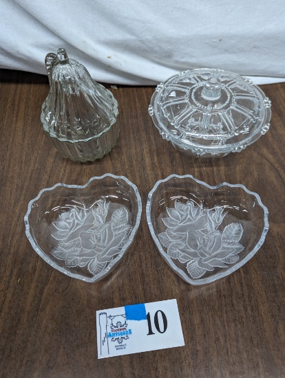 Glass Lot, two heart trinket dishes, two candy dishes