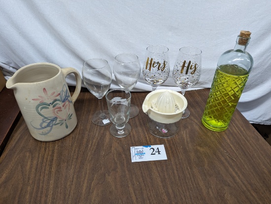 wine glasses, pitcher, juicer, etc