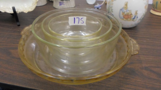 pyrex, 3 glass mixing bowls and a pie dish