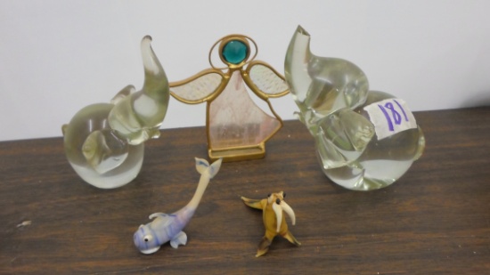 glass animals, handmade sea animals and elephants and angel figure